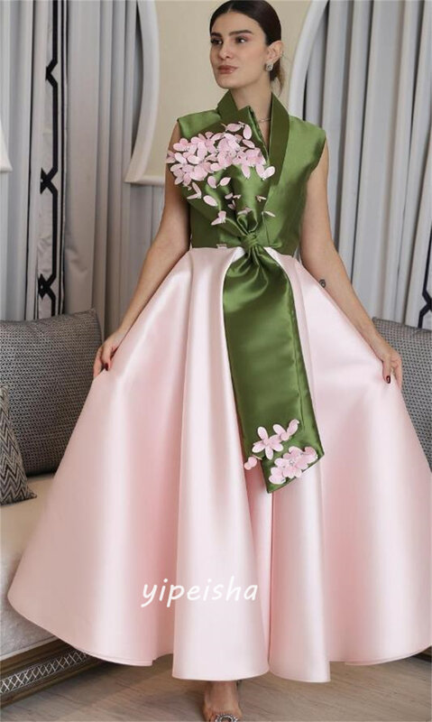 Prom Dress Saudi Arabia Exquisite Modern Style V-Neck Ball Gown Flowers Appliques Satin Bespoke Occasion Dresses
