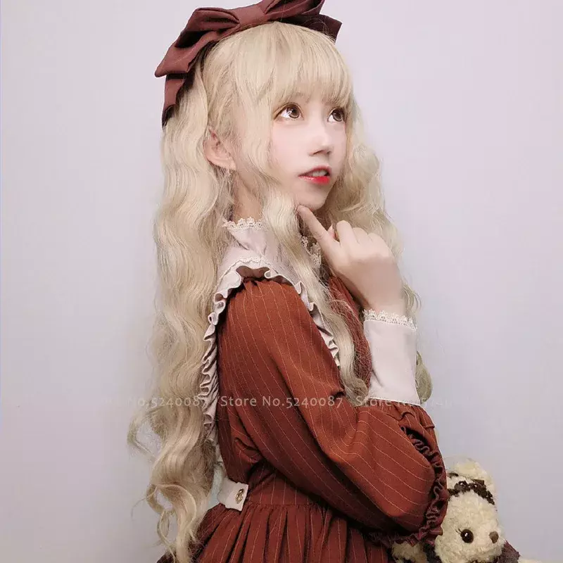 Wig Cosplay Putri Elf Anime Jepang Lolita Aksesori Kepala Pertunjukan Panggung Pesta Karnaval Wanita Boneka Kawaii Rambut Keriting Panjang