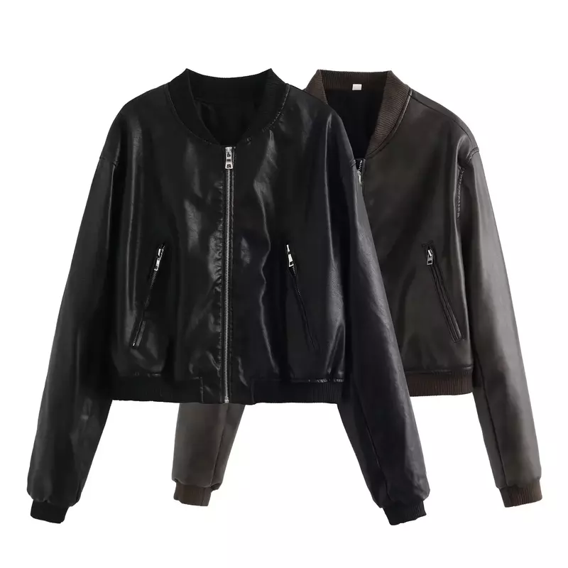 2023 Women's Vintage Bomber Chic Cropped PU Faux Leather Gothic Racing Jackets Female Biker Motorcycle Baseball Coats Streetwear