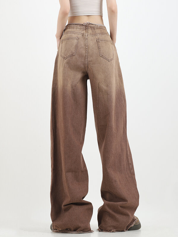 Calça jeans de perna larga de cintura média feminina, jeans marrom, calça longa, streetwear vintage, perna larga, reta, Y2K, 2023