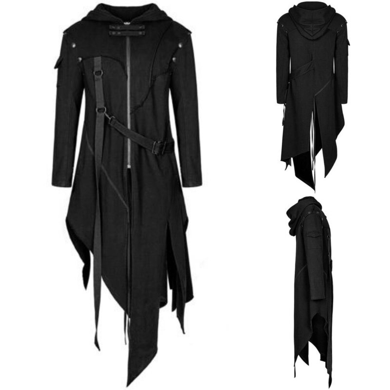 Винтажный костюм на Хэллоуин в средневековом стимпанк, костюм убийц, эльфов, пиратов, мужской черный длинный пиджак с разрезом, готический армированный кожаный жакет