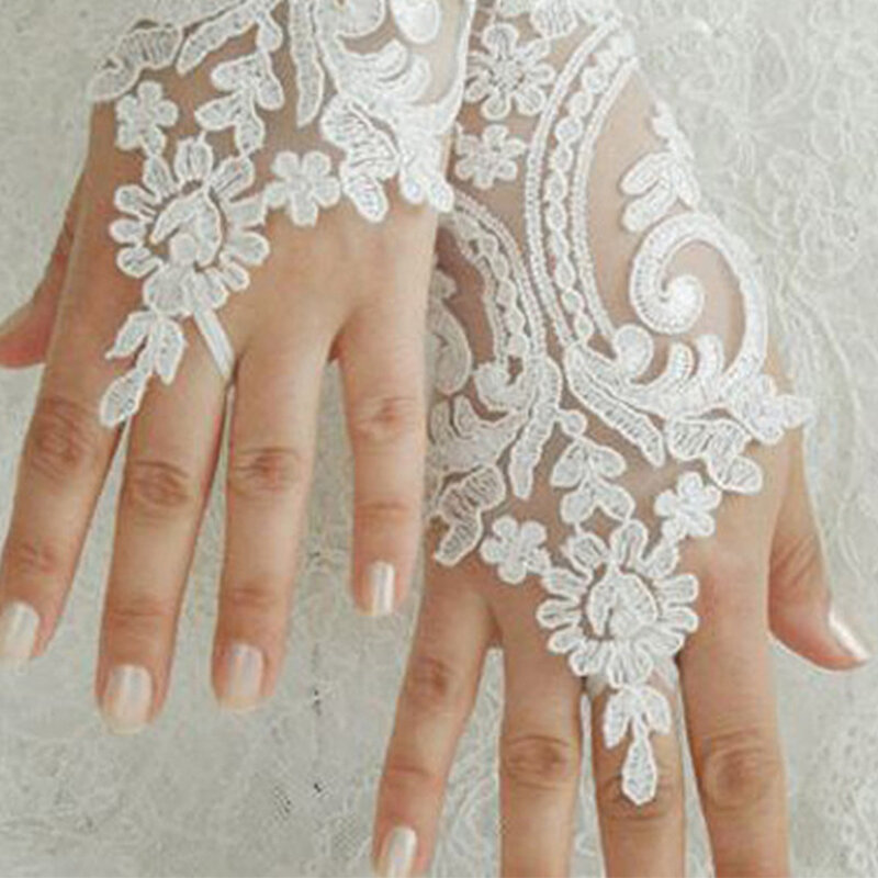 السيدات الزفاف الدانتيل قفازات قصيرة إصبع العاج الأبيض زهرة ميزاب قفازات أسود شفاف خمر اكسسوارات الزفاف