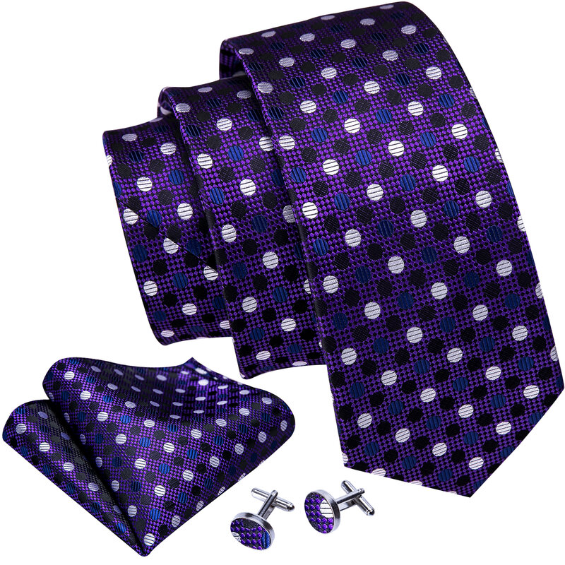 Barry.Wang Jacquard Polka Dot Silk Mens Tie Pocket Sqaure Cufflinks Set Designer Necktie For Male Wedding Business Party Events
