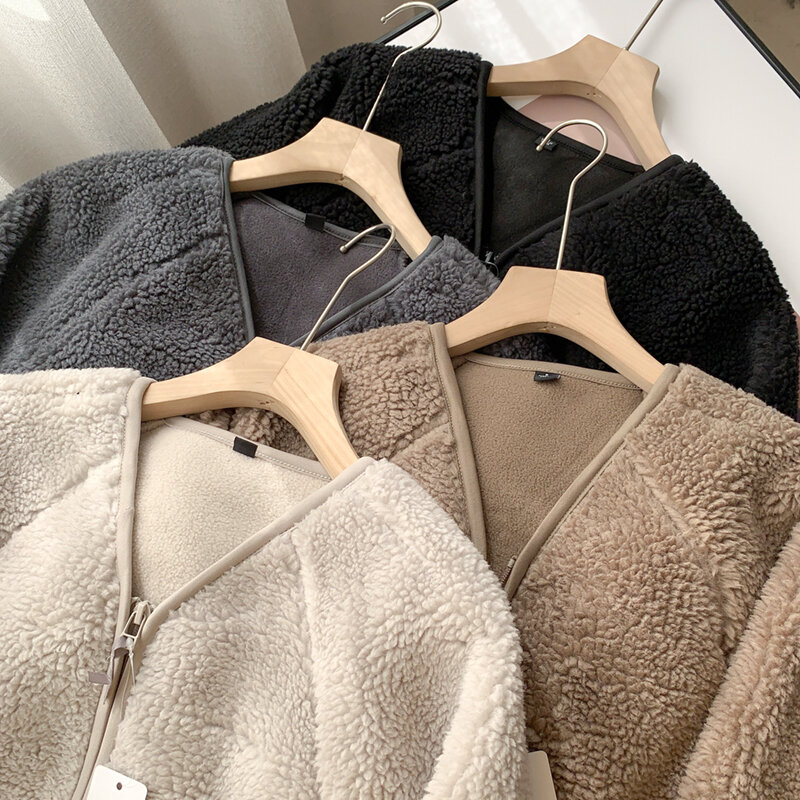 Mantel Wanita Bulu Domba Musim Gugur Musim Dingin Padat Tebal Hangat V-Neck Jaket Pakaian Luar Wanita Kasual Semua Pertandingan Lengan Panjang