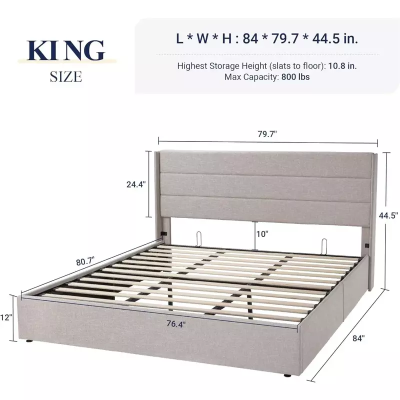 Ukuran King tempat tidur penyimpanan angkat, papan kepala sayap Modern, tanpa kotak pegas yang diperlukan, Penyimpanan hidrolik, krem ringan