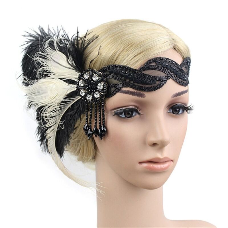 Aksesori rambut uniseks, dekorasi pakaian Vintage, hiasan kepala Gatsby, bulu Flapper pesta Halloween