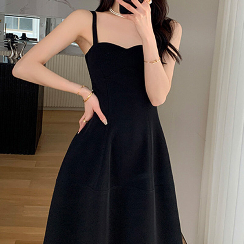 ESANSFIN 2023 New Retro Black Suspender Evening Dress For Women With Square Collar In Summer
