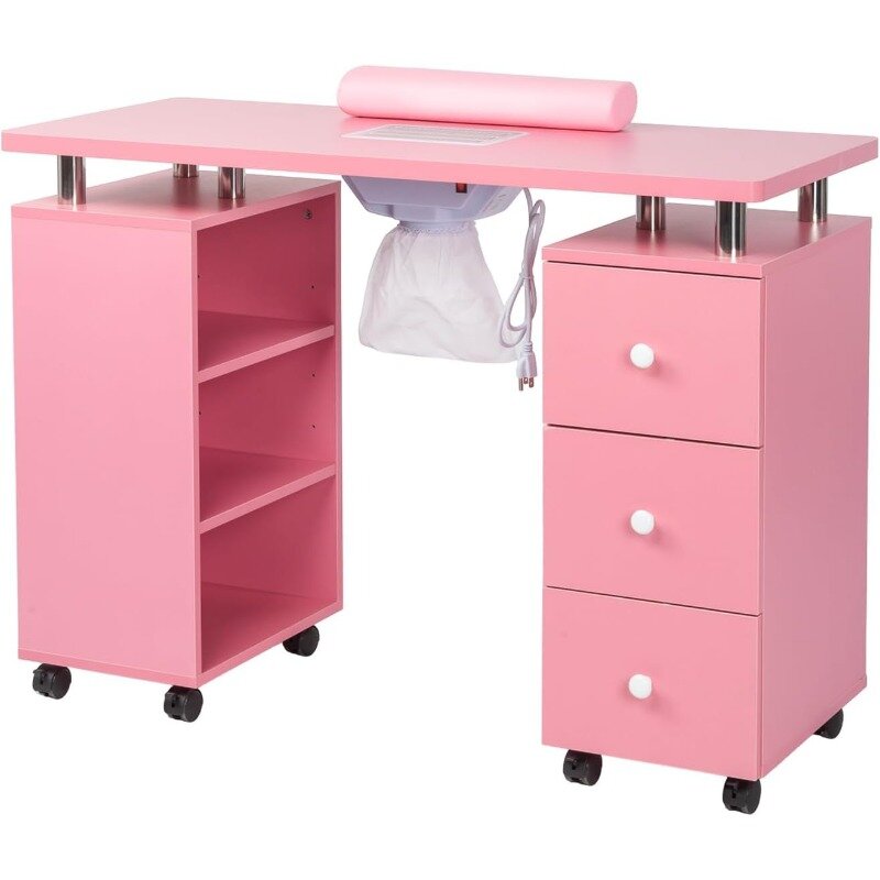 Manicure Table Nail Desk for Nail Tech, Nail Table Beauty Salon Tech Station w/Electric Downdraft Vent, Lockable Wheels