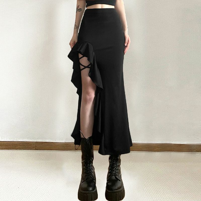 Deeptown-faldas largas negras góticas para mujer, ropa de calle femenina, de cintura alta Bodycon, Punk, con volantes, Sexy, con abertura Midi, Irregular, Y2k