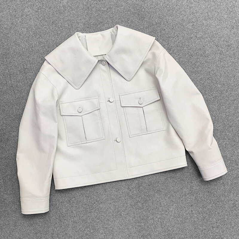 2022 New Leather Jackets Lady Single-Breasted Genuine Sheepskin Leather Coat Pocket Windproof Elegant Fashion Streetwear TF8293