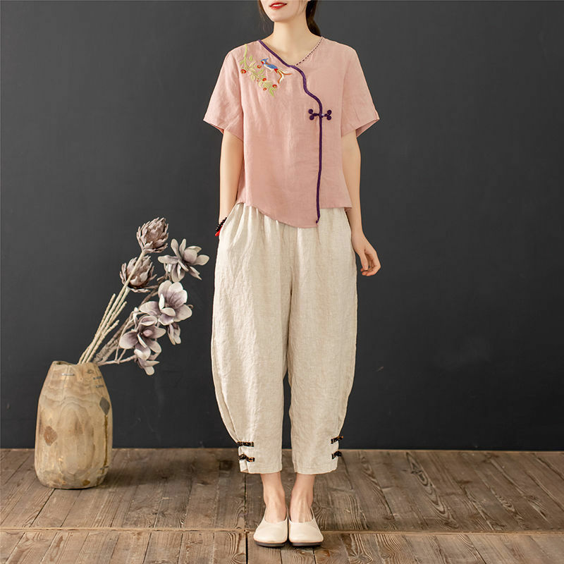 Traje Tang de lino y algodón para mujer, camisas Qipao de manga corta con bordado Retro de estilo chino, Top Cheongsam, pantalones Harem, ropa, 2 colores