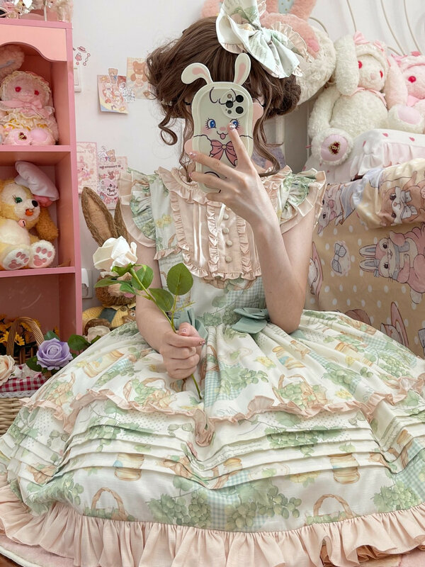 Wiejski styl świeża Lolita Jsk sukienka damska Kawaii letnia z falbanami z nadrukiem winogronowym kokardka z Mini sukienka na imprezę księżniczki