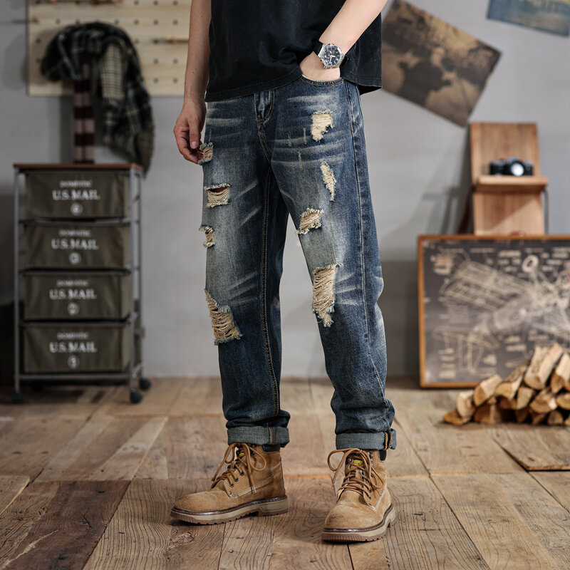 Мужские рваные джинсы большого размера 28-48, Модные свободные прямые широкие повседневные модные штаны в стиле ретро для полных людей 280 кг