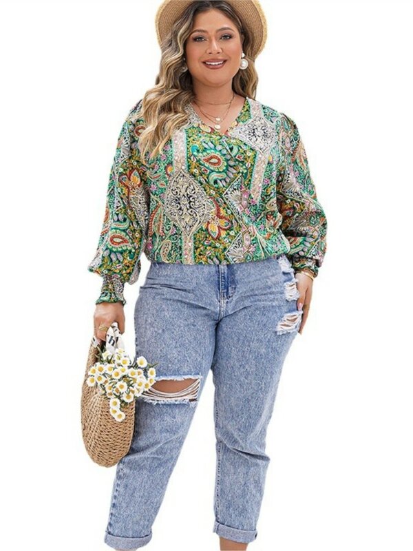 Plus Size Spring V-Neck Pullover Tops Women Bohemian Style Floral Print Long Sleeve Ladies Cropped Blouses Fashion Woman Tops