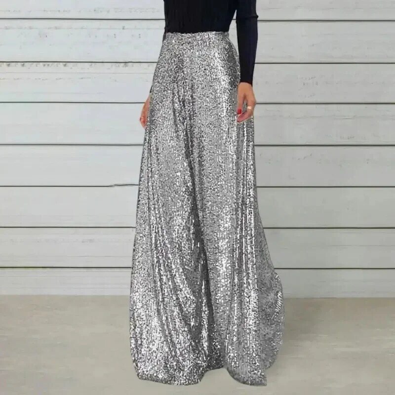 High Waisted Elastic Waistband Straight Leg Full-length Solid Color Women's Pants Club Night Sequin Loose Wide Leg Pants OFE05