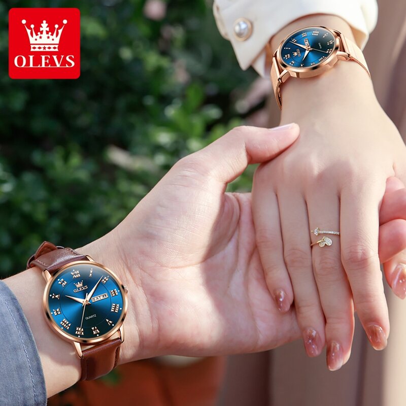 OLEVS Fashion Brand Couple Watch Luxury Waterproof Quartz Wrist Watch Week Calendar Luminous His and Hers Dress Lovers Original