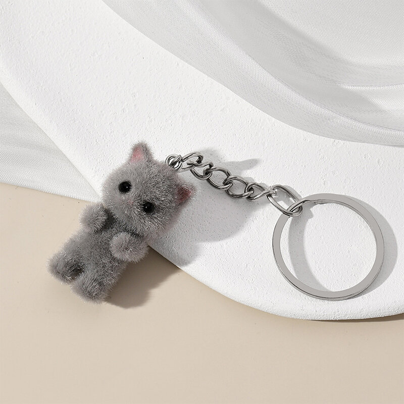Cute 3D Flocking Kitten Small Bear Keychain Resin Cat Couple Mobile Phone Pendant Car Keyring Earphone Backpack Charms Bag Decor