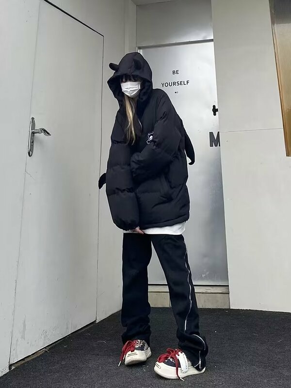 Зимняя утепленная куртка для мужчин и женщин, дьявольский Рог + хвост, Harajuku Y2k, стеганая куртка-пуховик с подкладкой в виде крыльев, повседневная винтажная Свободная куртка в стиле High Street