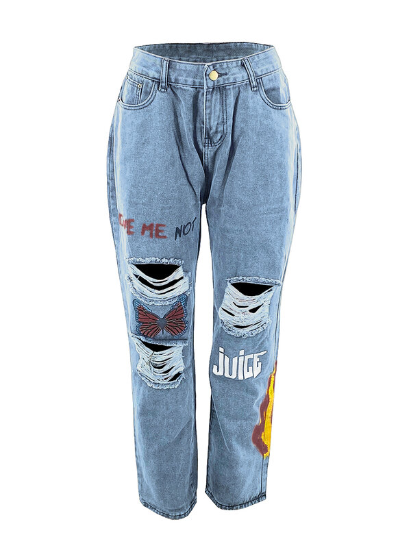 LW Jeans sobek ukuran besar, Jeans elastis gaya jalanan desain saku, potongan pertengahan pinggang ritsleting Fly warna Solid