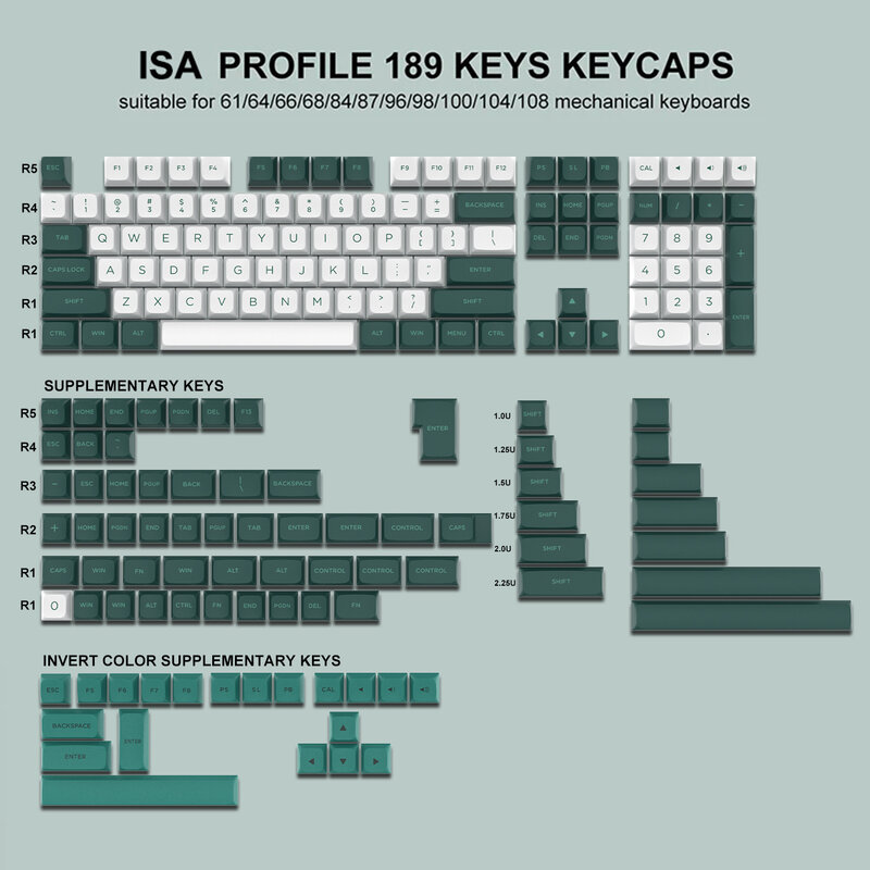 189 kunci PBT Keycap Double-shot, Kit Keycaps hijau putih ISA, topi kunci Backlit Cherry MX untuk Keyboard game mekanis nirkabel