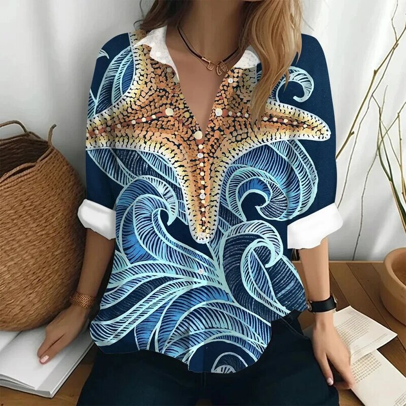 2024 New Women's Sumerian Clothing Long Sleeve Polo Shirt Marine Life Pattern Print Casual Loose Lapel Polo Lapel Shirt Women's