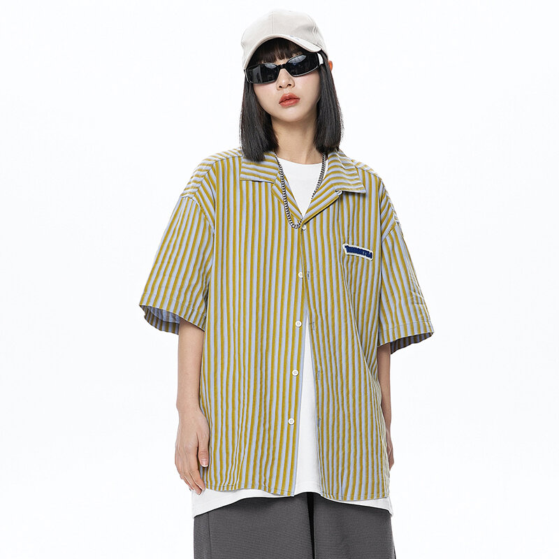 Camisa listrada estilo coreano para mulheres, blusa casual com um botão, manga curta e um colarinho, streetwear, moda, verão