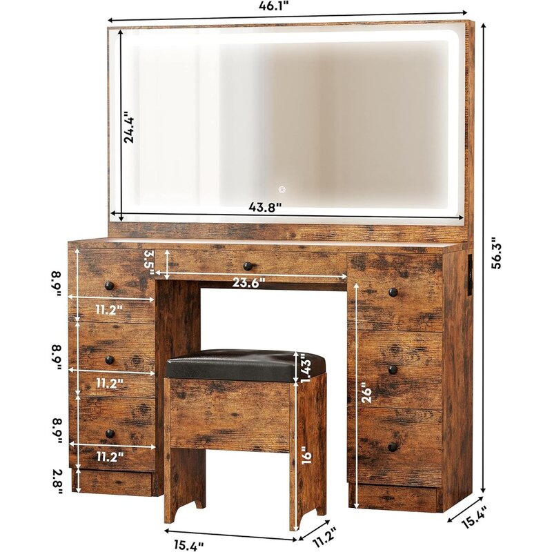 Waschtisch Set mit großen LED beleuchteten Spiegel & Steckdose Holz Kommode für Schlafzimmer Frisur Make-up Tischs chu blade