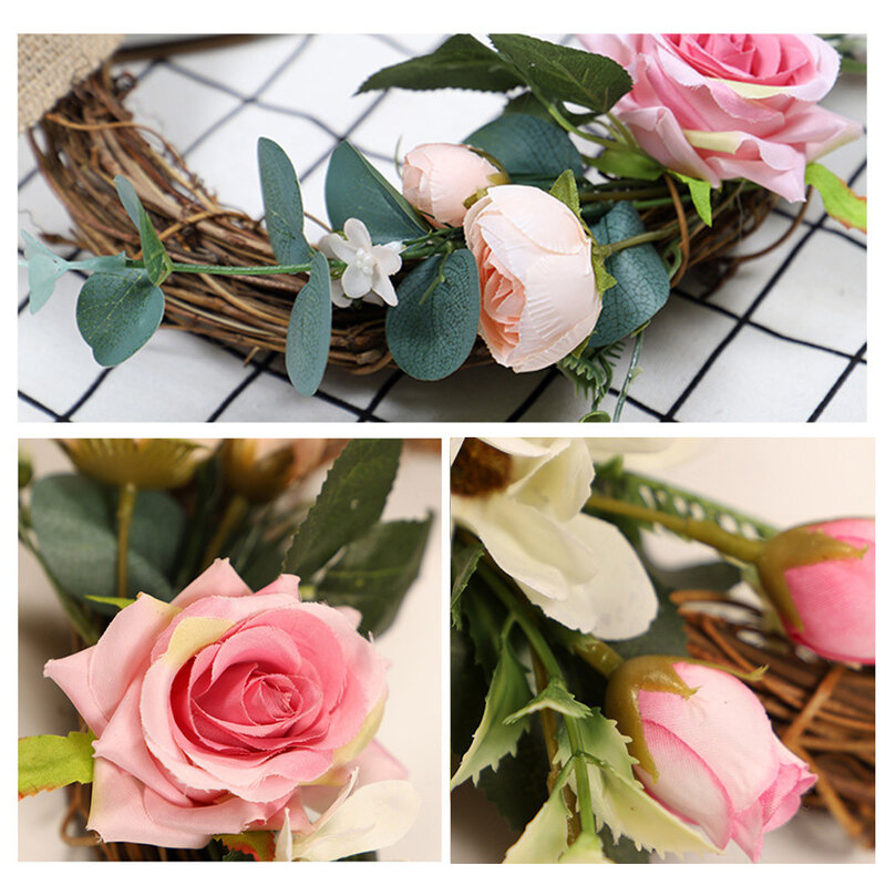 Burlap Knot Rose Flower Wreath Valentine's Day Wedding Home Camellia Decoration Handmade Rattan Ring