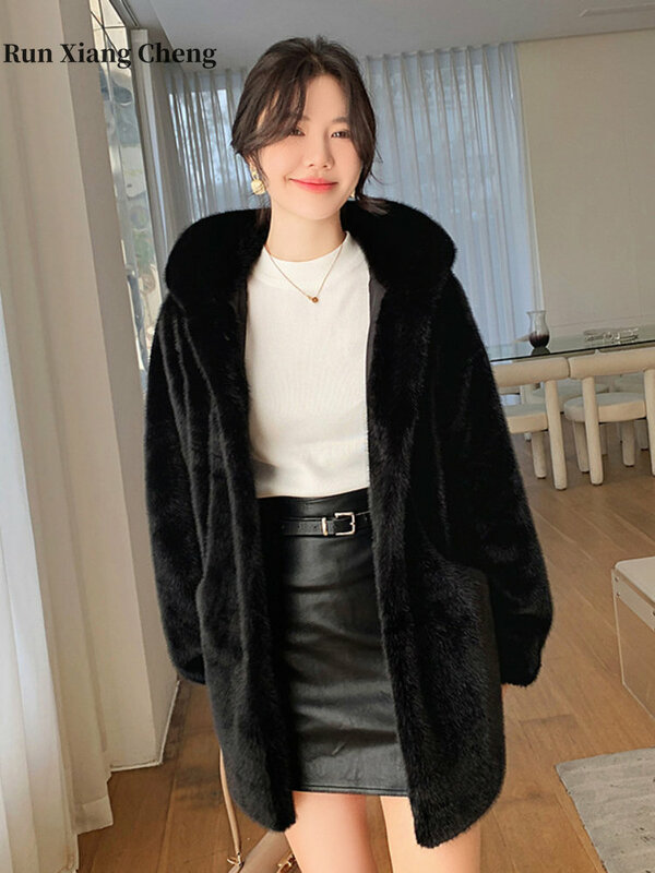 2023 inverno addensato visone Cashmere cappotto di visone femminile di media lunghezza con cappuccio stile coreano eco-friendly cappotto di pelliccia temperamento delle donne