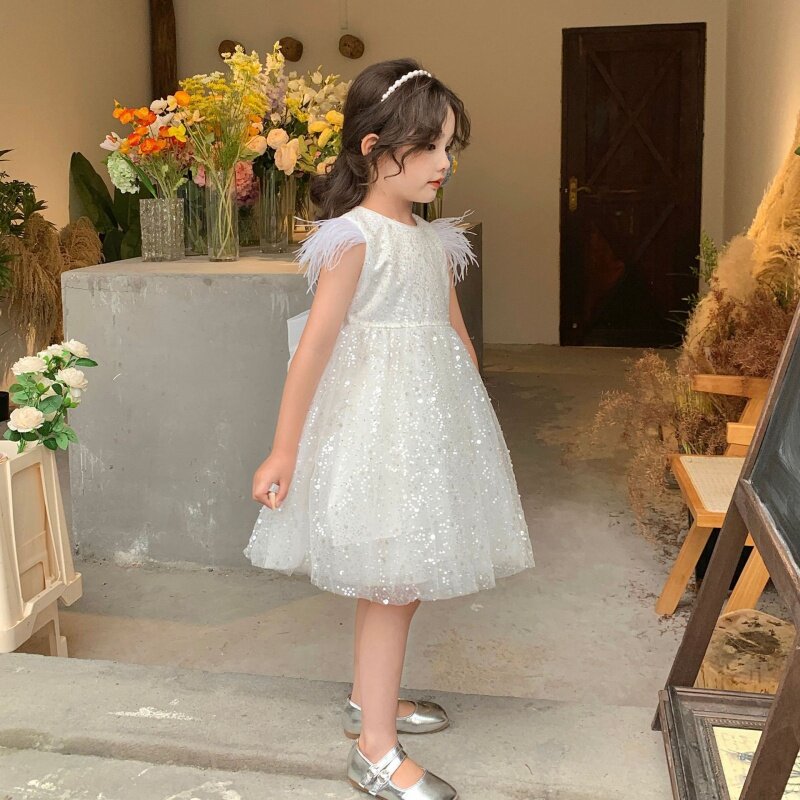 فستان أبيض مع قوس مزين بالترتر للفتيات ، بلا أكمام ، شبكة ، أميرة ، زهرة ، صيف جديد