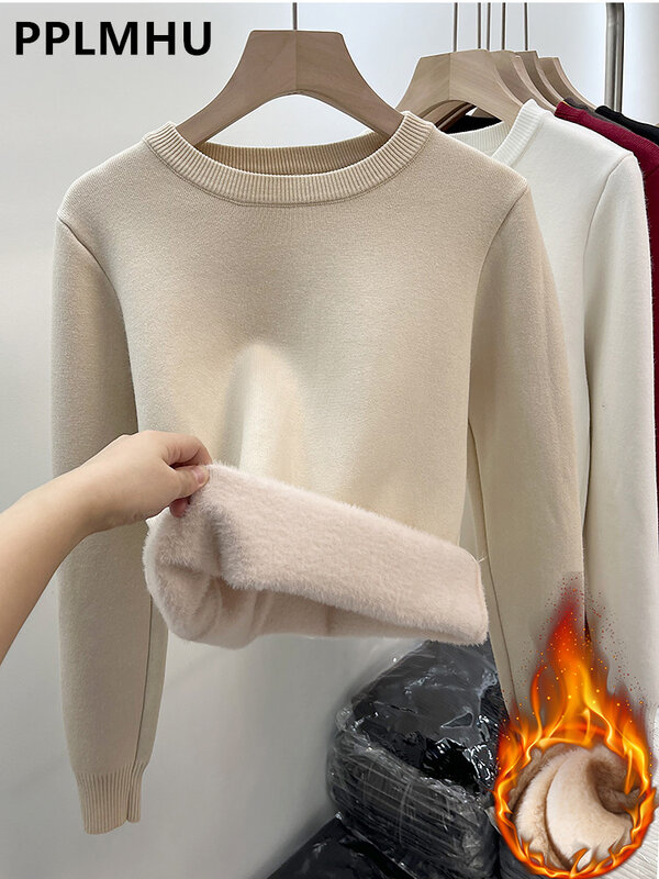 女性用長袖ニットセーター,ラウンドネック,ラージサイズ,厚手のセーター,スリム,暖かく,ニット,カジュアル,裏地付き,ソフト