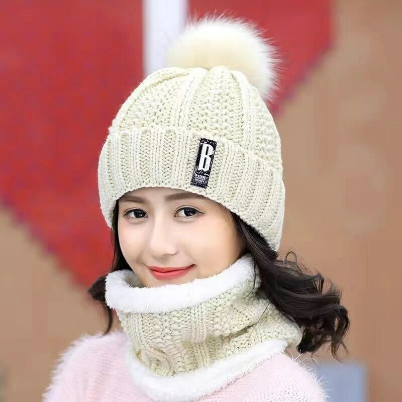 Winter Knitted Scarf Hat Set Thick Warm Skullies Beanies Hats For Women Outdoor Cycling Riding Ski Bonnet Caps Scarf