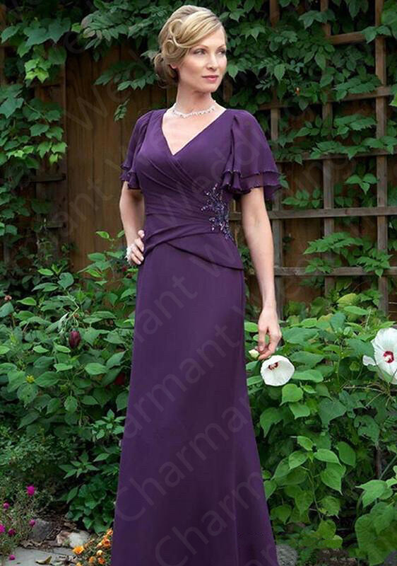 2023 New Arrival Purple Mother of the Bride Dress Short Sleeves  Gowns Full Length Beaded Wedding Guest Dresses V Neckline