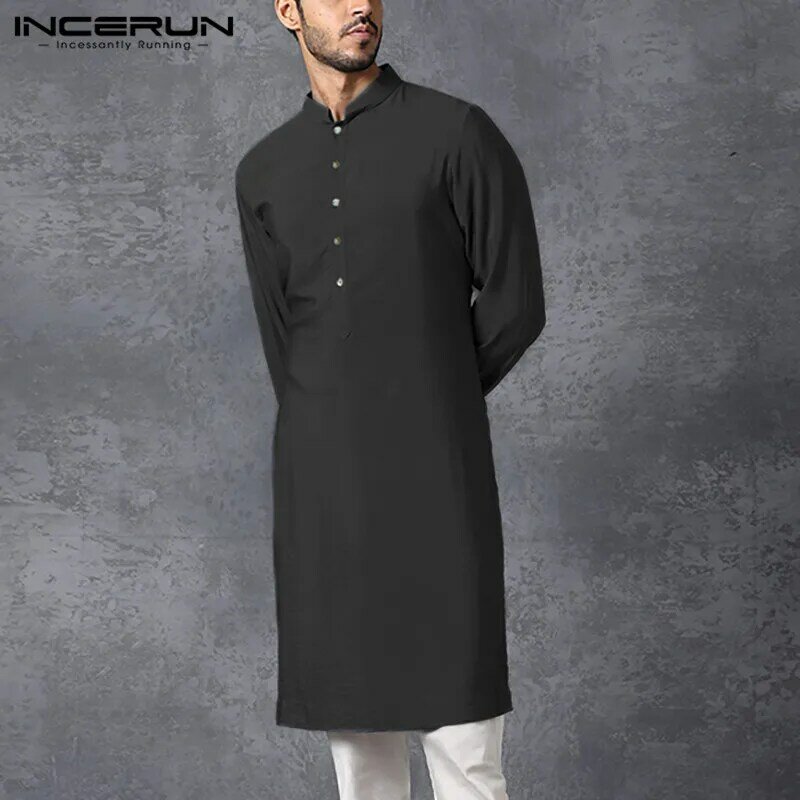 INCERUN 남성용 무슬림 셔츠 스탠드 칼라 긴팔, 이슬람 아랍 카프탄 단색 스트리트웨어, 캐주얼 긴 셔츠, 남성 의류, 5XL