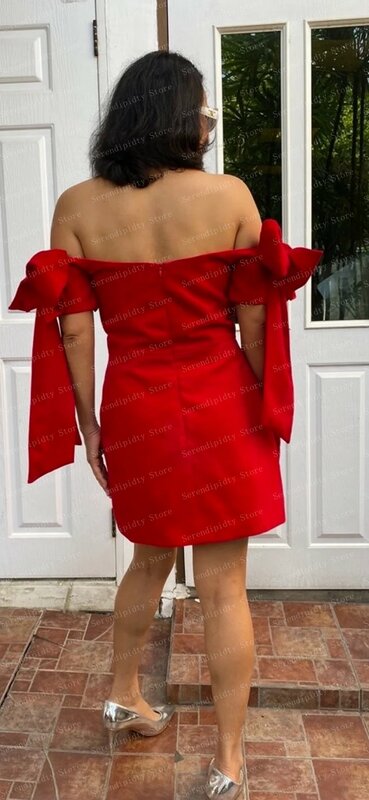 Graceful Off Shoulder Straight Mini Party Dress With Bows Christmas Red Matte Satin Cocktail Dresses For Festival Ever Pretty