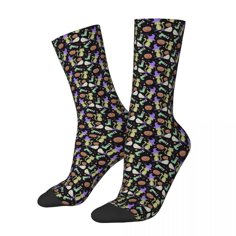 Fun Halloween Design With Cats And Witch On Midnight Black Unisex Winter Socks Windproof Happy Socks  Crazy