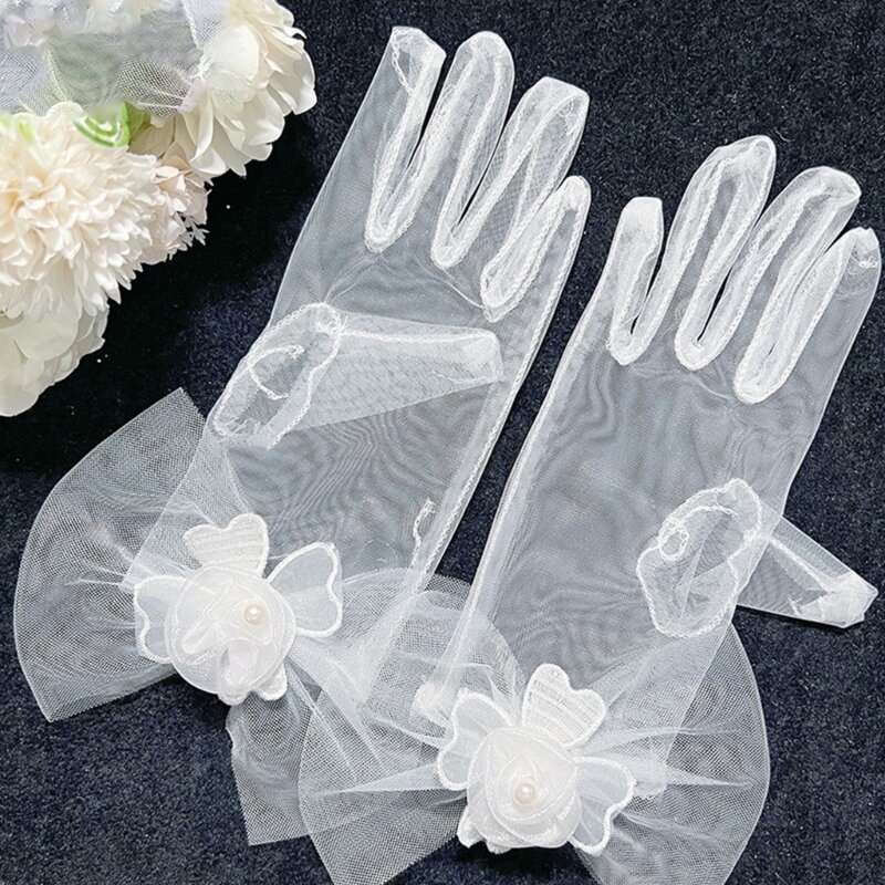 ถุงมือแต่งงานไข่มุกถุงมือสั้นเจ้าสาวอุปกรณ์เสริมผมสีขาว Sheer ถุงมือ HXBA