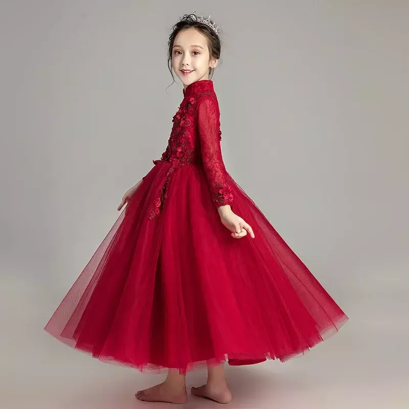 Flower girl skirt long sleeved evening dress fluffy gauze children's piano performance suit