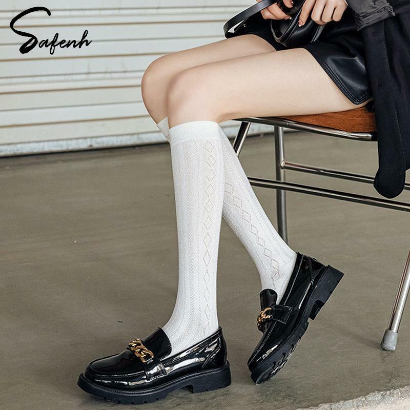 Japan Style High School Student Long Socks Solid Black White Summer Thin High Tube Socks JK Student Knee High Socks Calf Socks