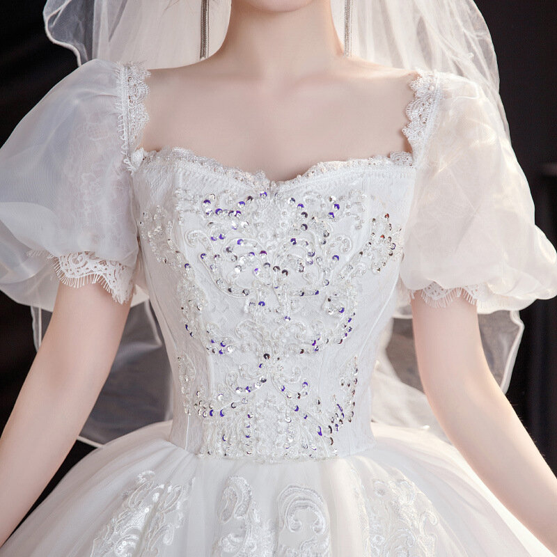 فستان زفاف بأكمام قصيرة ، ثوب الأميرة الكرة ، يزين الفاخرة ، وصول جديد