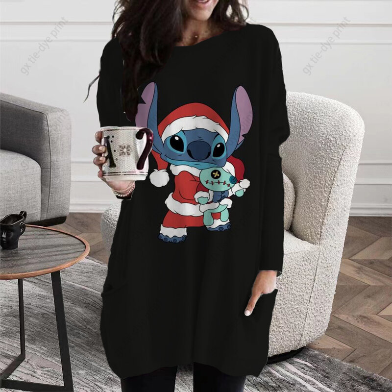 Weihnachten Disney Stitch bedruckte Tasche Langarm T-Shirt Frauen Rundhals ausschnitt verlängert T-Shirt Weihnachts geschenk lange T-Shirt heiß