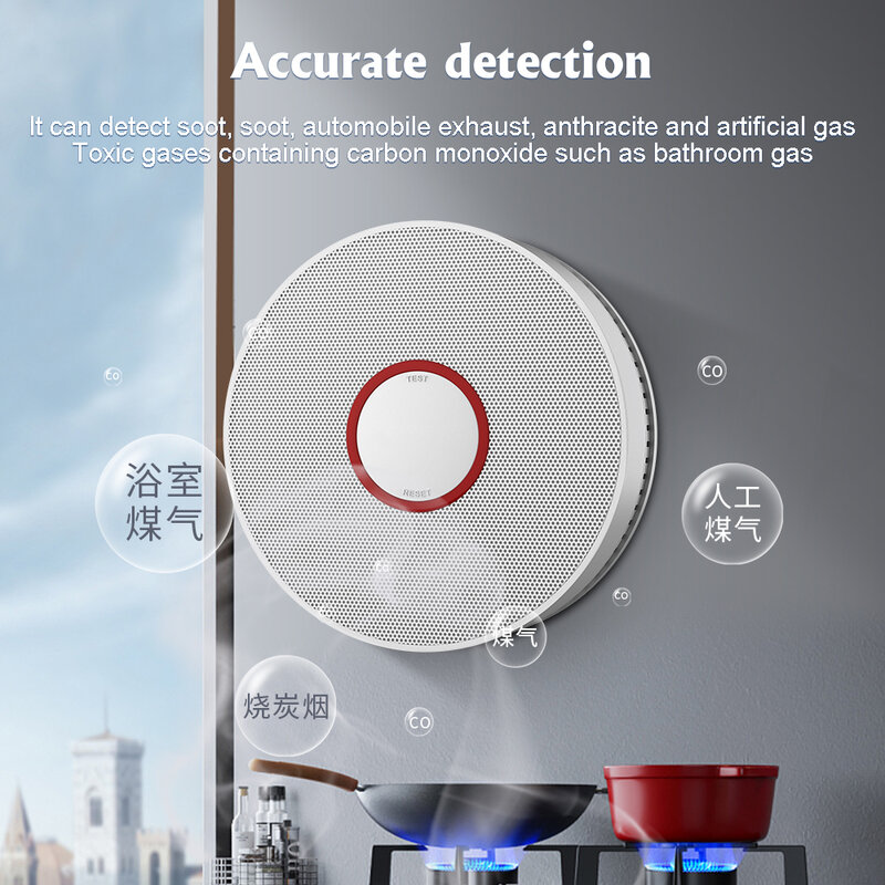 Detector de monóxido de carbono compuesto de alta sensibilidad, uso independiente, protección contra incendios inalámbrica, Sensor de alarma de humo para el hogar y la cocina