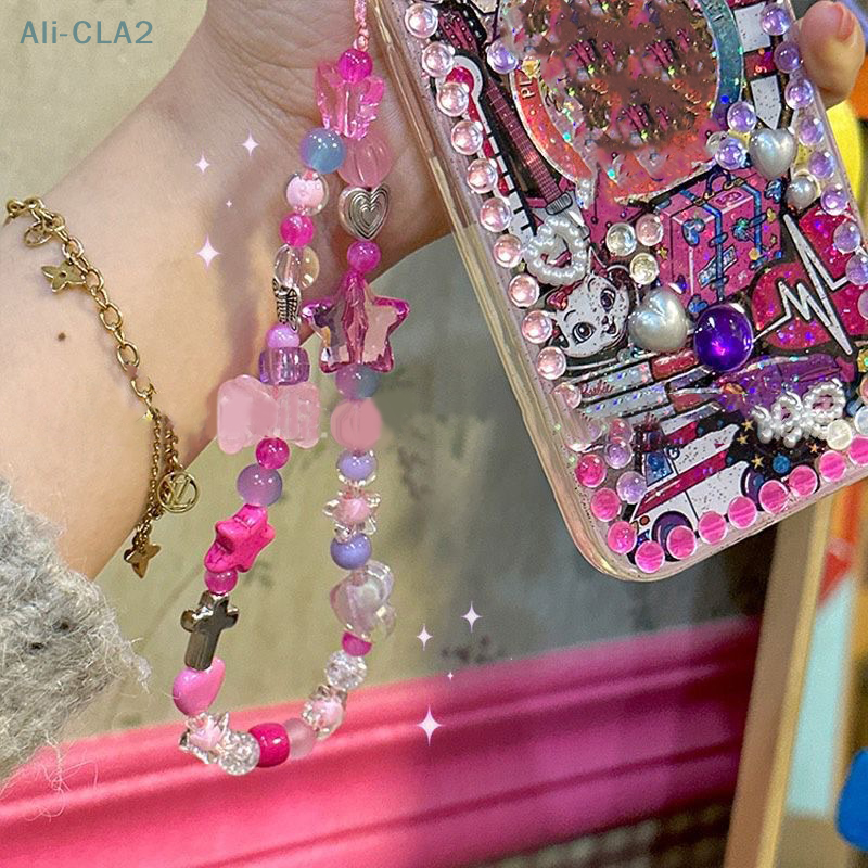 Cadena de teléfono móvil con cuentas de pentagrama de oso rosa para mujeres y niñas, cordón con encanto, joyería Y2k, colgante para funda de teléfono, decoración