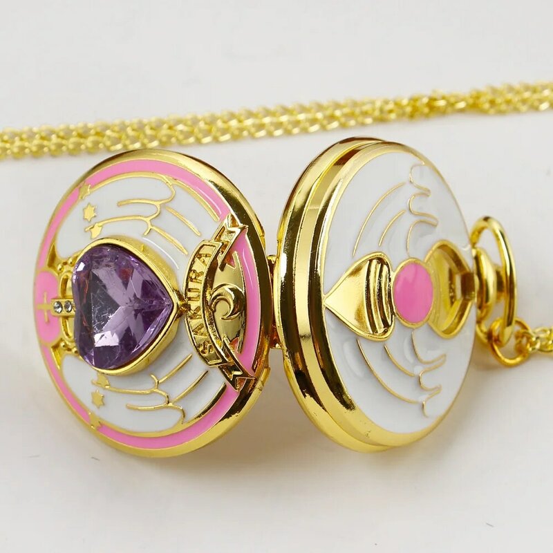 귀여운 크리스탈 벚꽃 다이아몬드 상감 목걸이, 여성용 포켓 시계, 여자 코스프레, 크리에이티브 쿼츠 시계