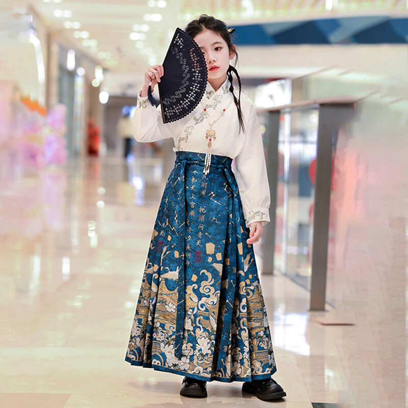 Mamian Hanfu rok musim panas rok balita perempuan pakaian tradisional Tiongkok Mamian Qun Ming Dinasti Hanfu rok wajah kuda tipis