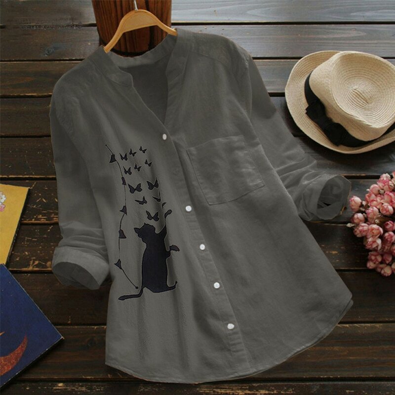 Blusa de lino y algodón con estampado de gato para mujer, camisa informal de manga larga con cuello en V y botones, novedad de verano