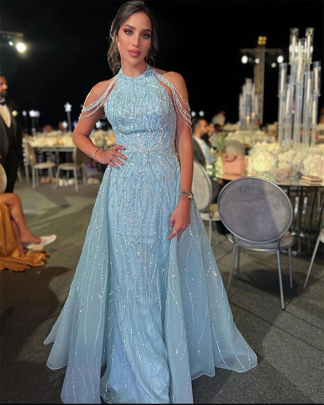 Prom Dress Elegant Halter Empire Celebrity Dresses Floor Length Backless Beading Sequin Organza Formal Evening Gowns 프롬드레스