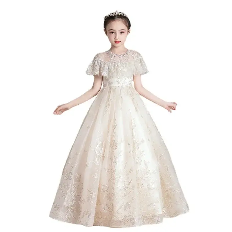 Children's 2024 New Girl's Fluffy Gauze Fashionable Flower Girl Wedding Host Piano Performance Dress
