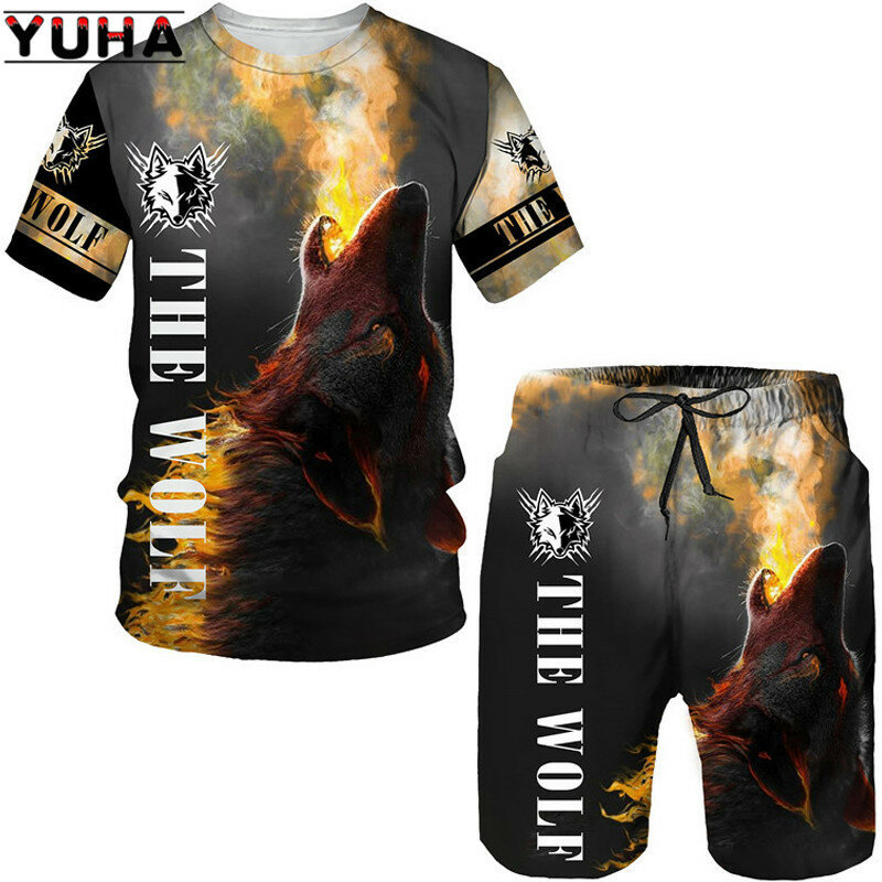 YUHA-Camiseta con estampado 3D de lobo para hombre, camiseta y pantalones cortos, Tops de manga, chándal deportivo Unisex con cuello redondo, conjunto de Hip Hop, moda de verano
