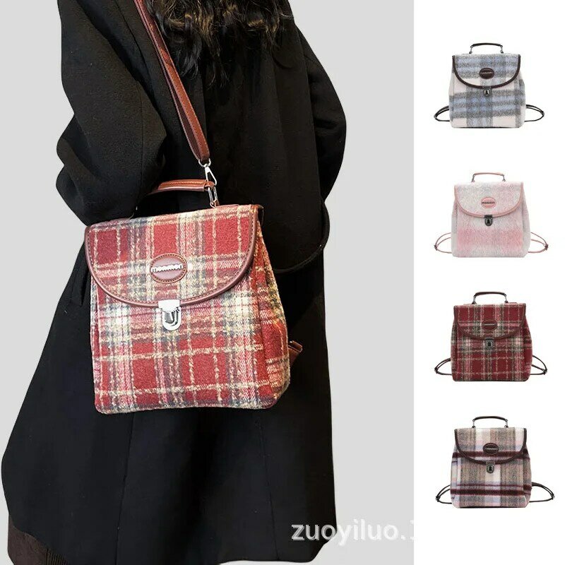 Large capacity student college style backpack 2024 new Korean version woolen plaid simple and versatile retro British style